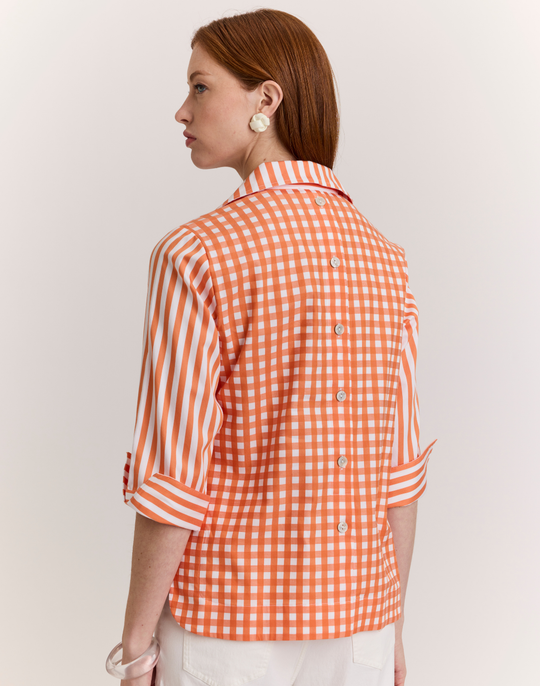 Aileen 3/4 Sleeve Stripe/Gingham White Combo Top