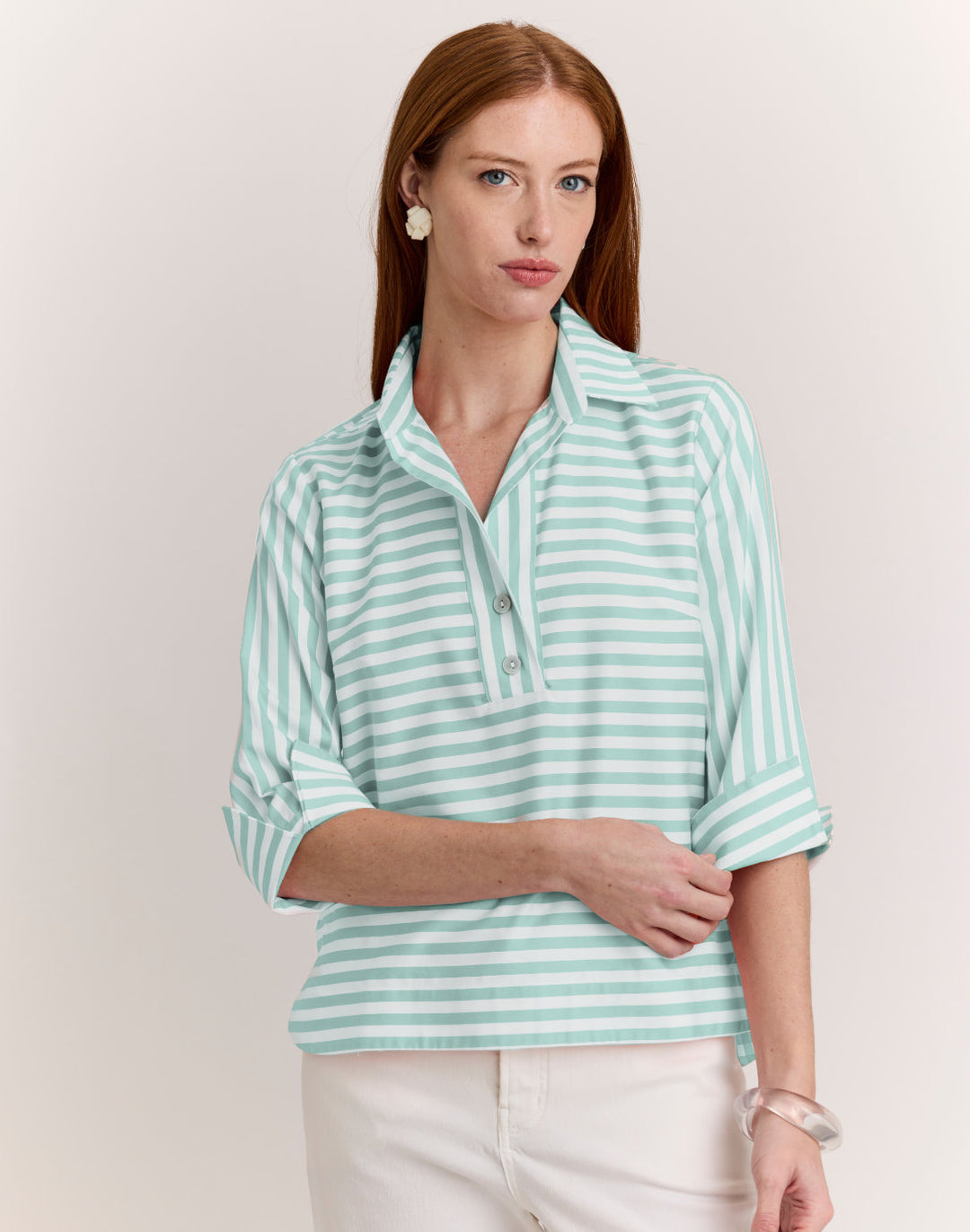 Aileen 3/4 Sleeve Stripe/Gingham White Combo Top