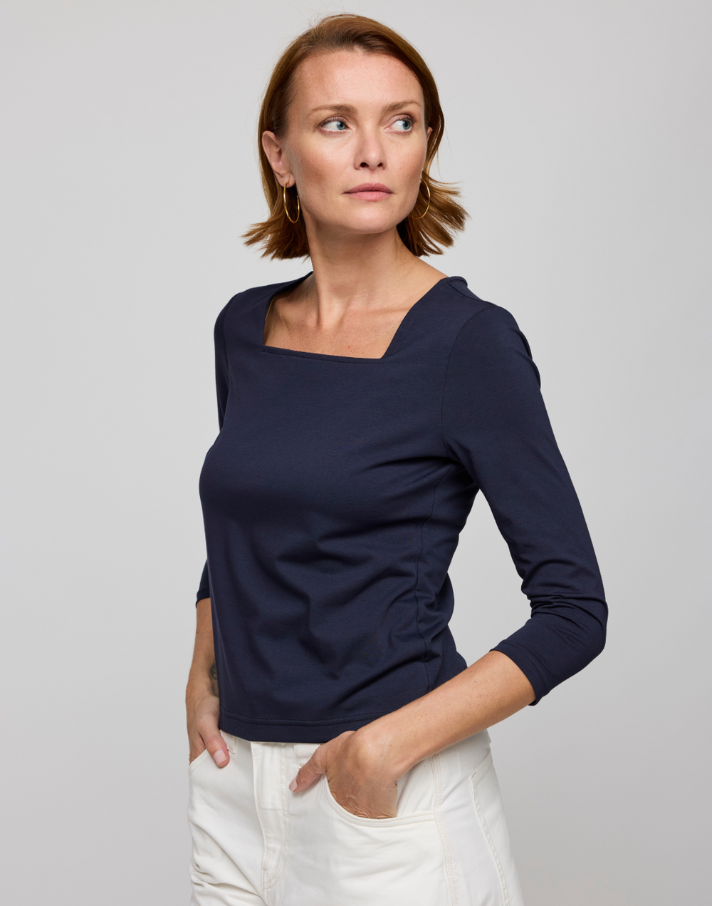 Tammy 3/4 Sleeve Square Neck Double Knit Panel Shirt