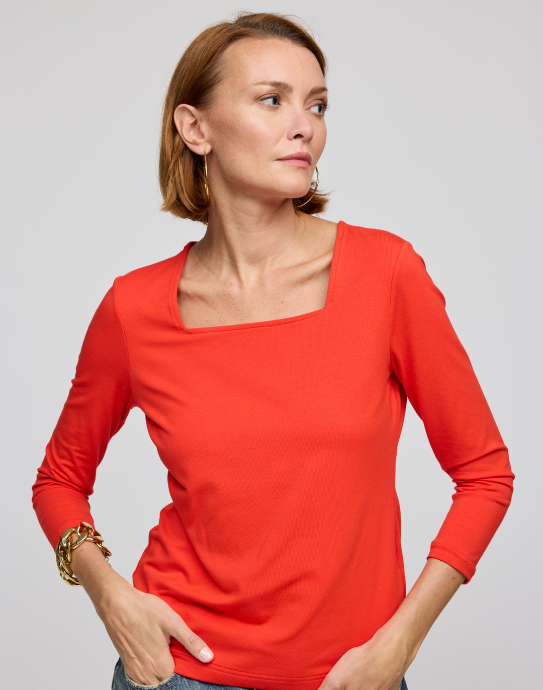 Tammy 3/4 Sleeve Square Neck Double Knit Panel Shirt