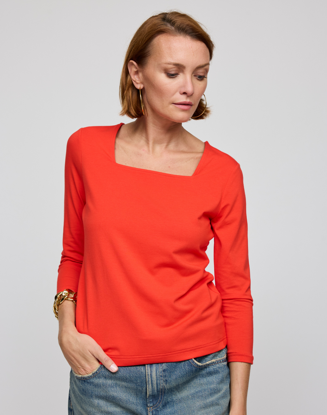 Tammy 3/4 Sleeve Square Neck Double Knit Panel Shirt