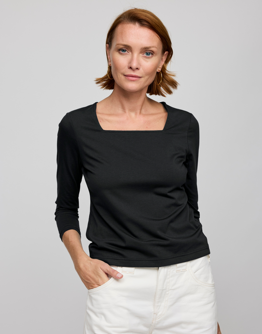 Tammy 3/4 Sleeve Square Neck Double Knit Panel Shirt