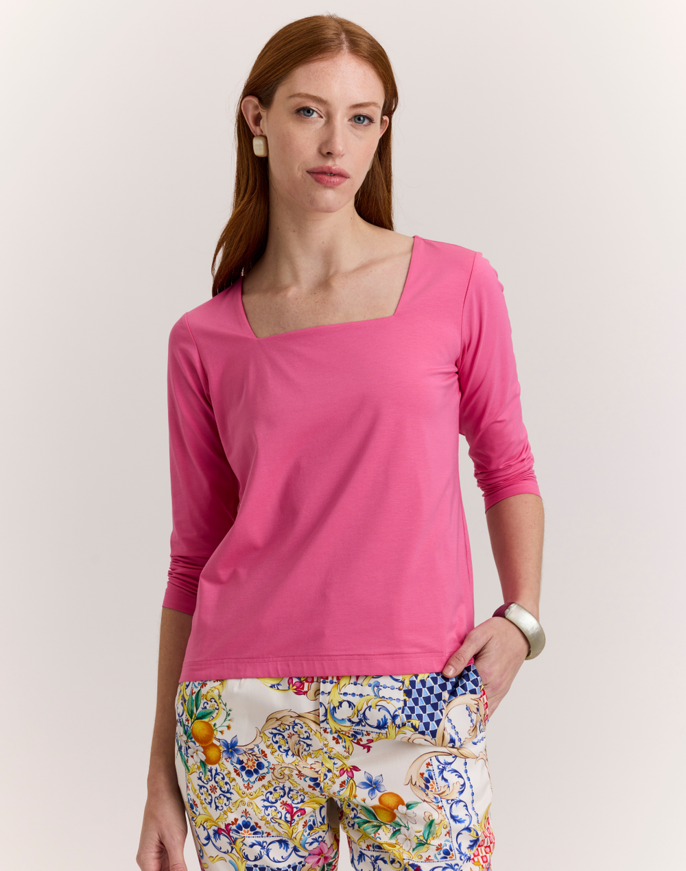 Tammy 3/4 Sleeve Square Neck Double Knit Panel Shirt