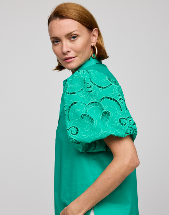Angelina Elbow Sleeve Embroidered Eyelet Shirt