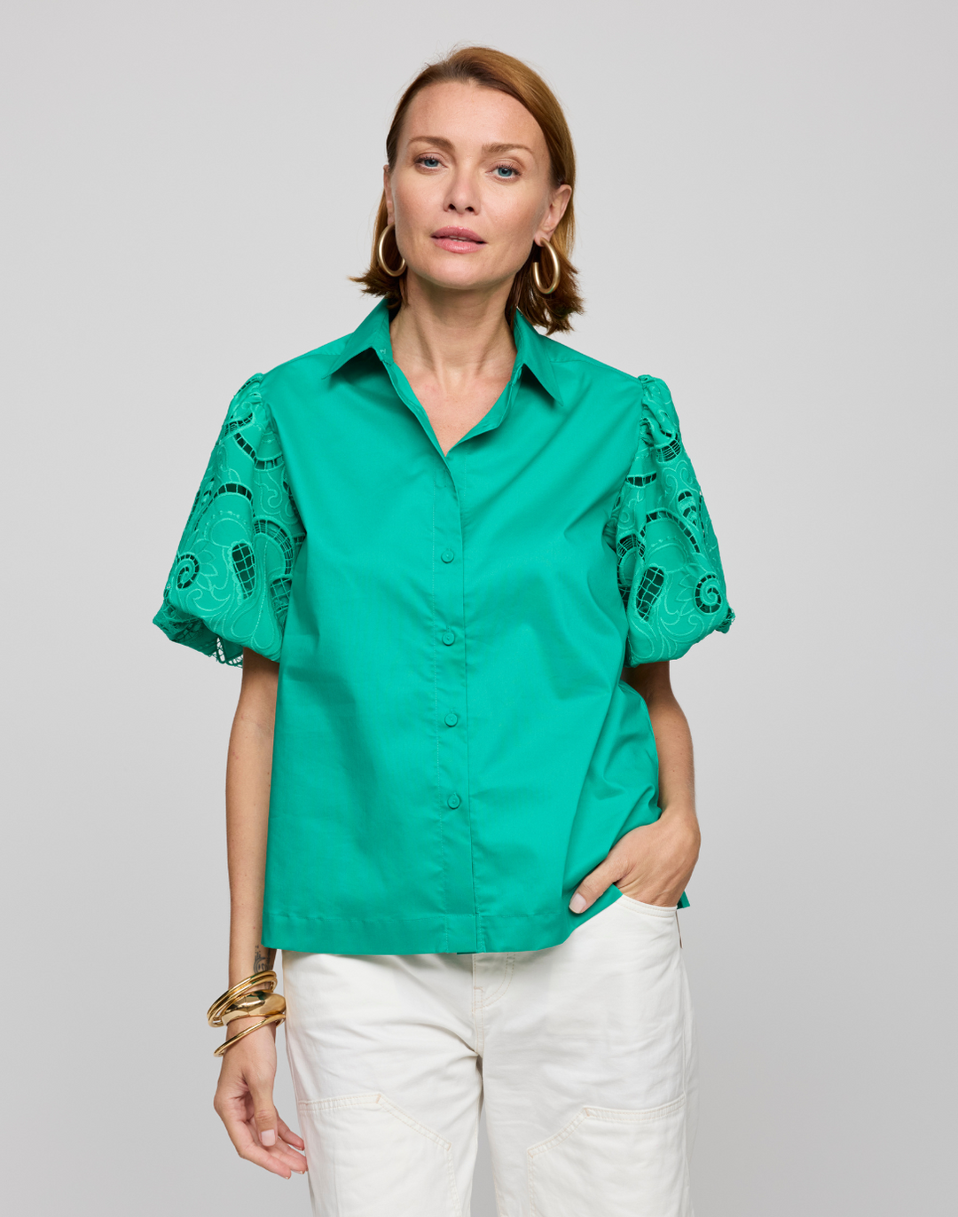 Angelina Elbow Sleeve Embroidered Eyelet Shirt