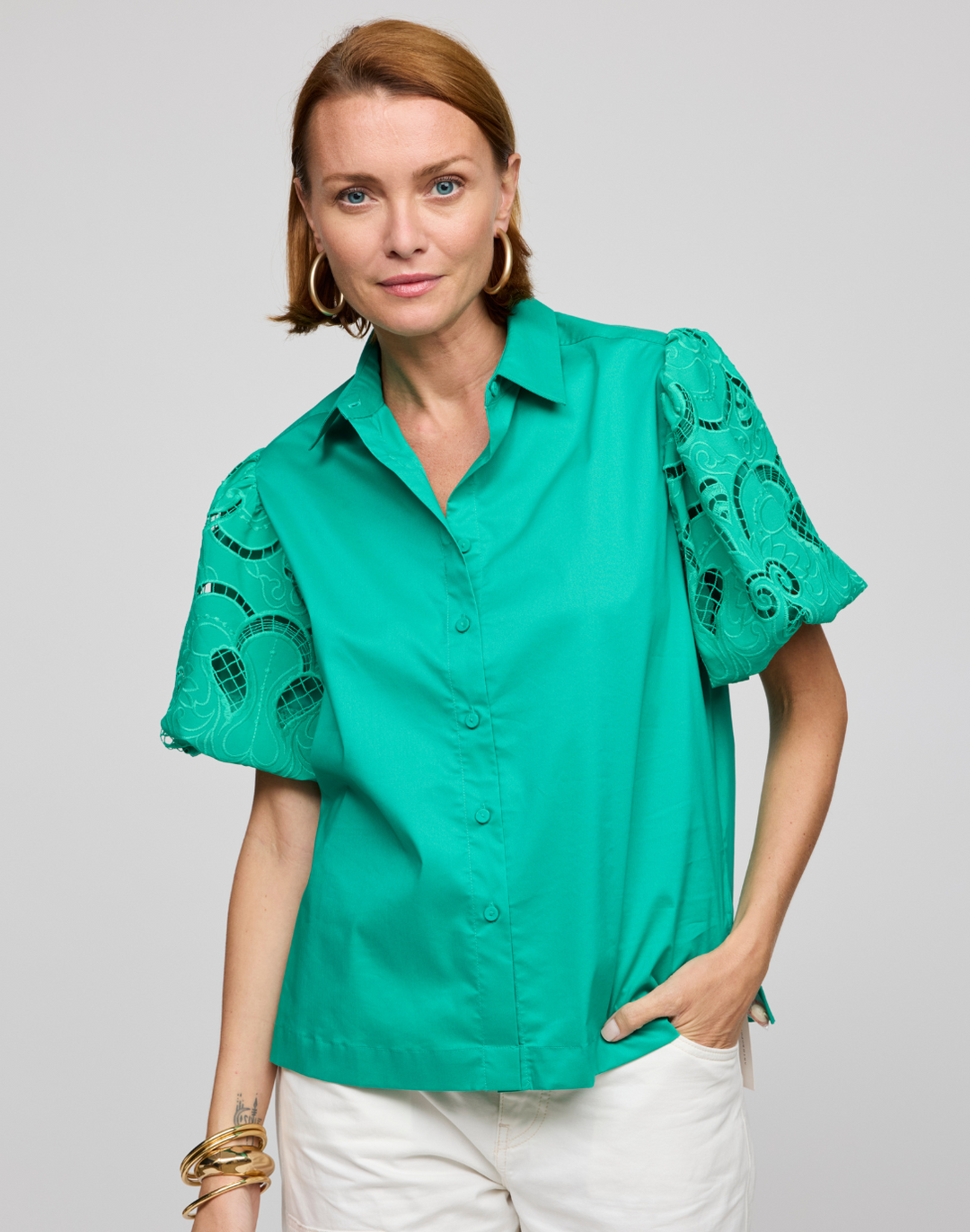 Angelina Elbow Sleeve Embroidered Eyelet Shirt