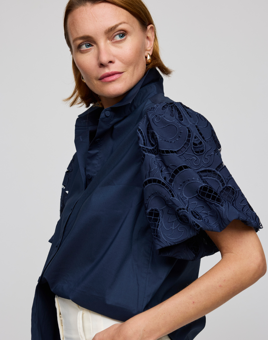 Angelina Elbow Sleeve Embroidered Eyelet Shirt