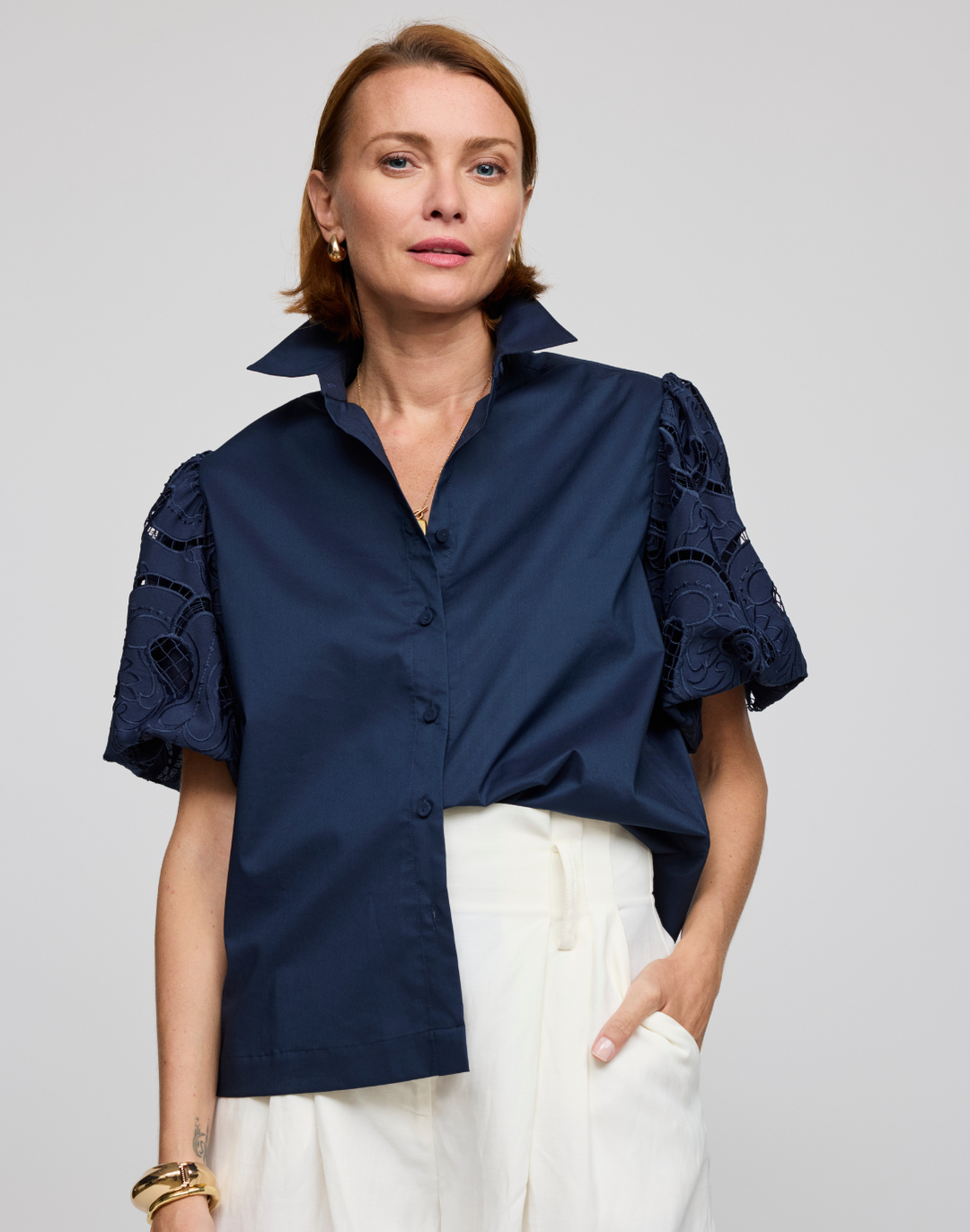 Angelina Elbow Sleeve Embroidered Eyelet Shirt