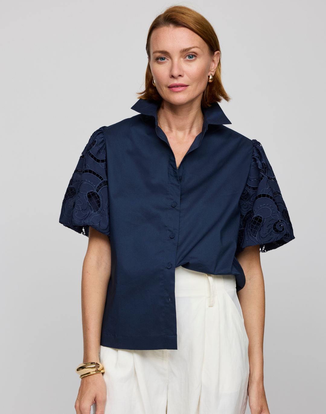 Angelina Elbow Sleeve Embroidered Eyelet Shirt