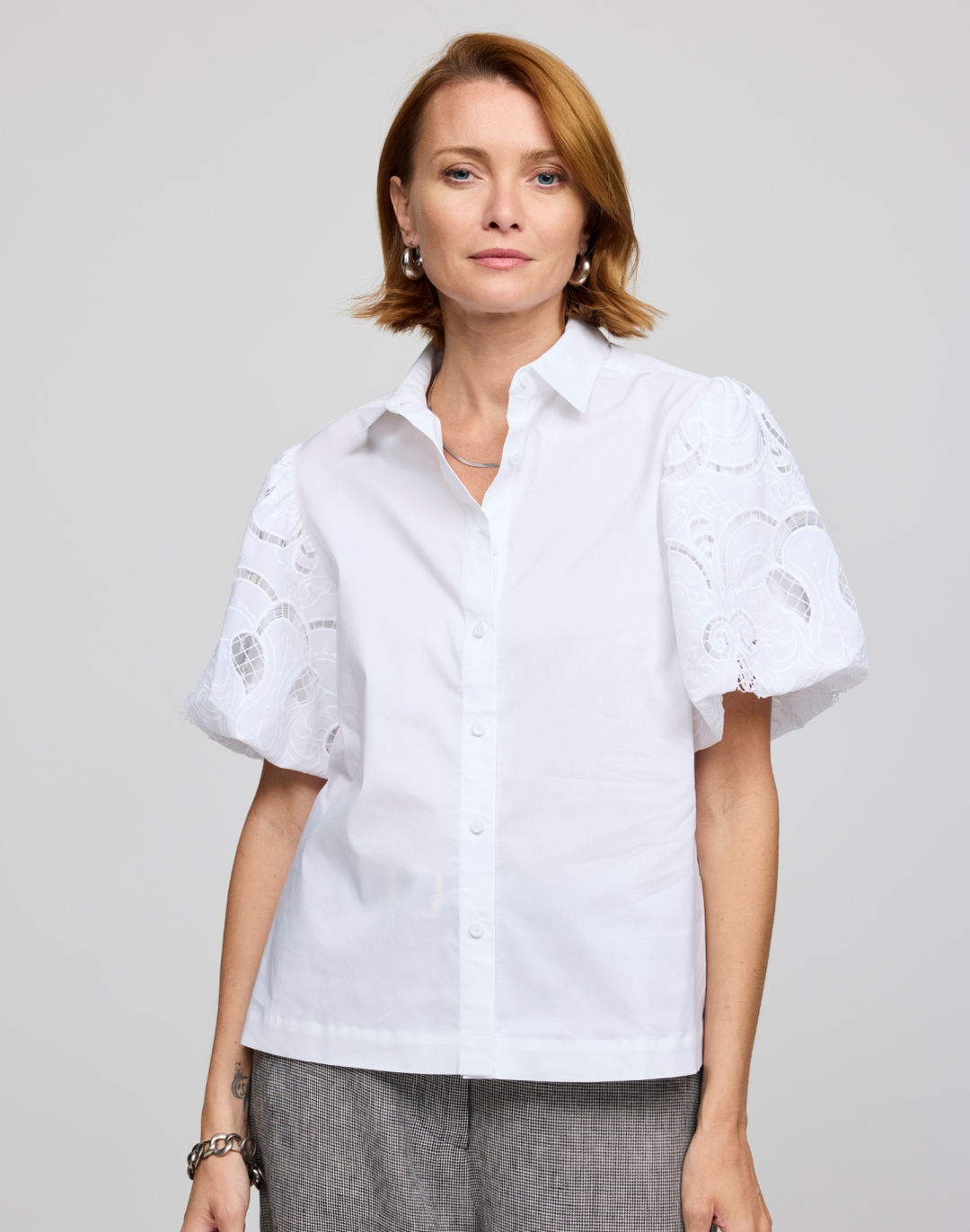 Angelina Elbow Sleeve Embroidered Eyelet Shirt
