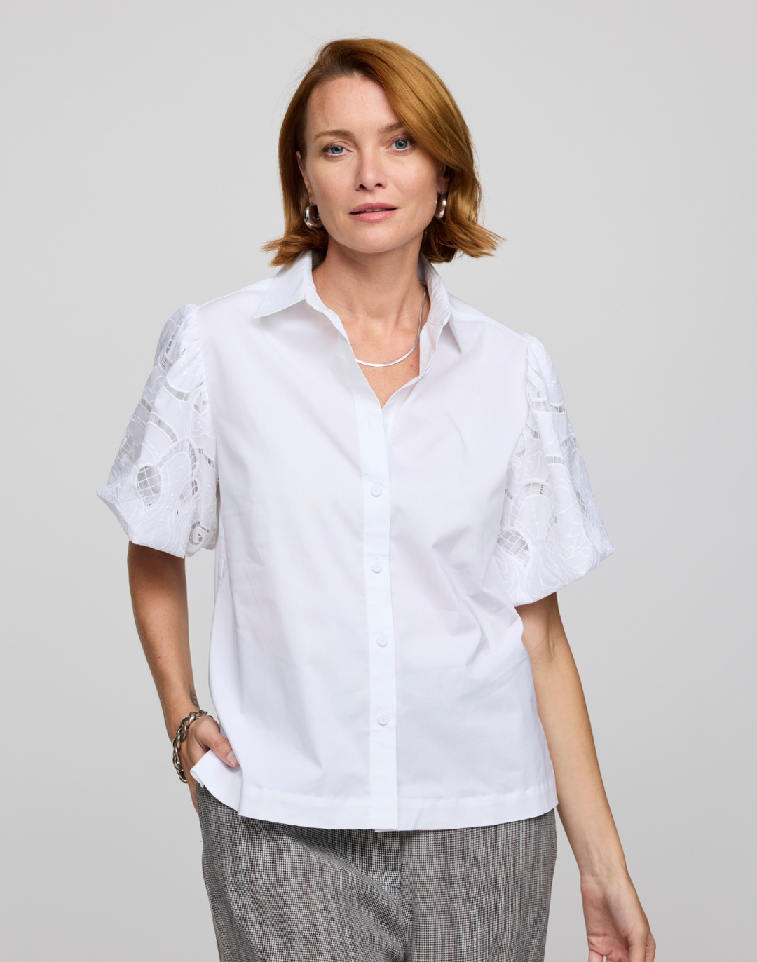 Angelina Elbow Sleeve Embroidered Eyelet Shirt