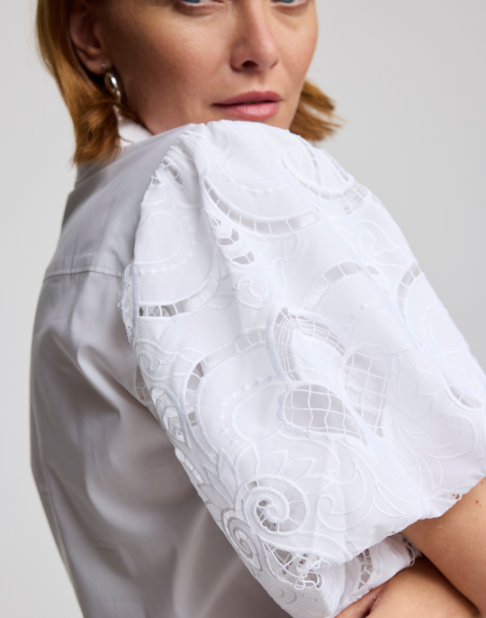 Angelina Elbow Sleeve Embroidered Eyelet Shirt
