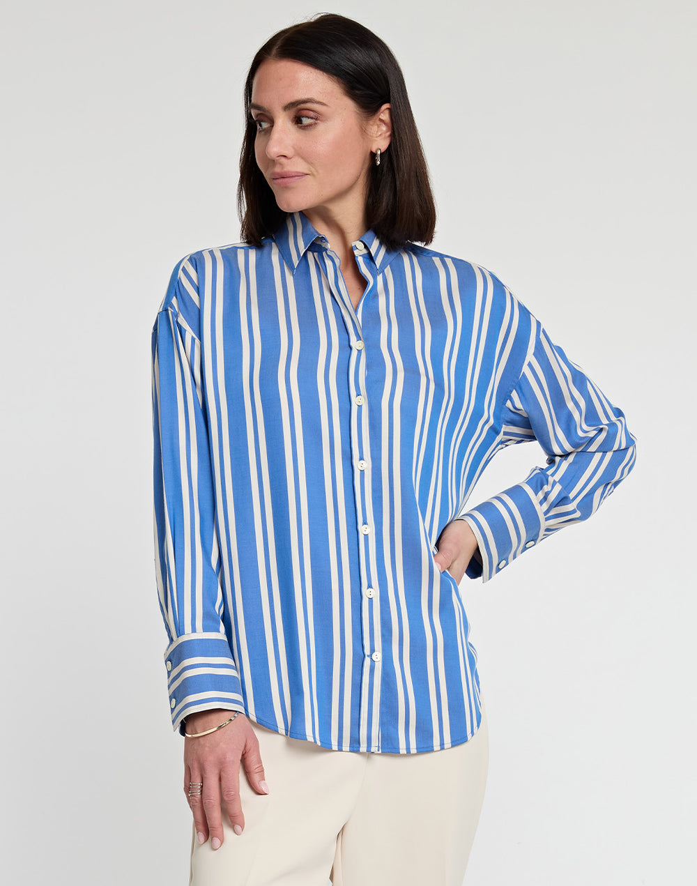 FINAL SALE / NO RETURNS, NO EXCHANGES - Larissa Long Sleeve Tencel Railroad Stripe Print Shirt