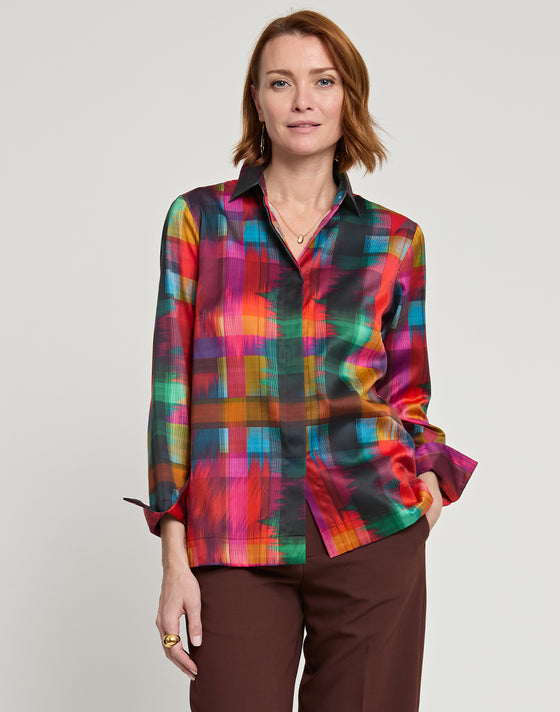 FINAL SALE / NO RETURNS, NO EXCHANGES - Xena Long Sleeve Satin Festive Plaid Print Shirt