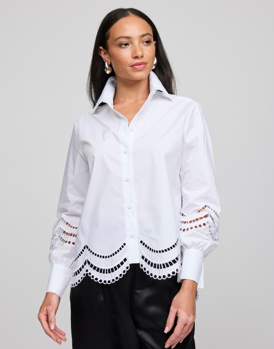 Bardot Long Sleeve Scallop Embroidery Shirt