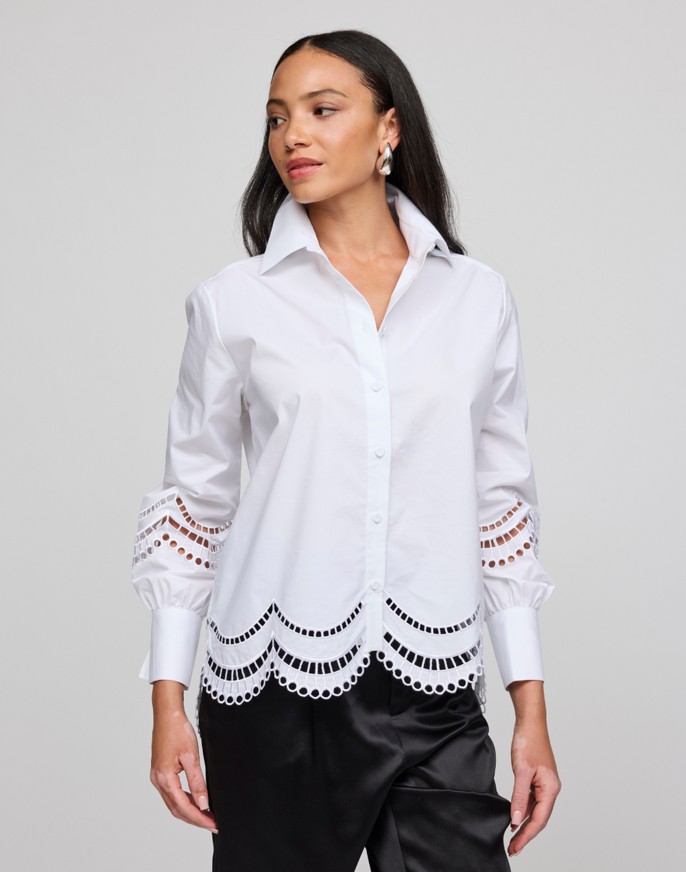 Bardot Long Sleeve Scallop Embroidery Shirt