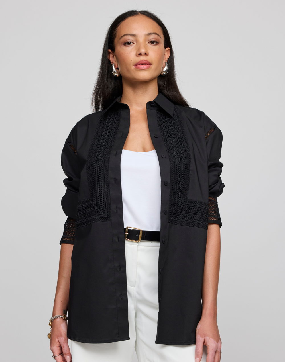 Oversized Long Sleeve Lace Trim Shirt