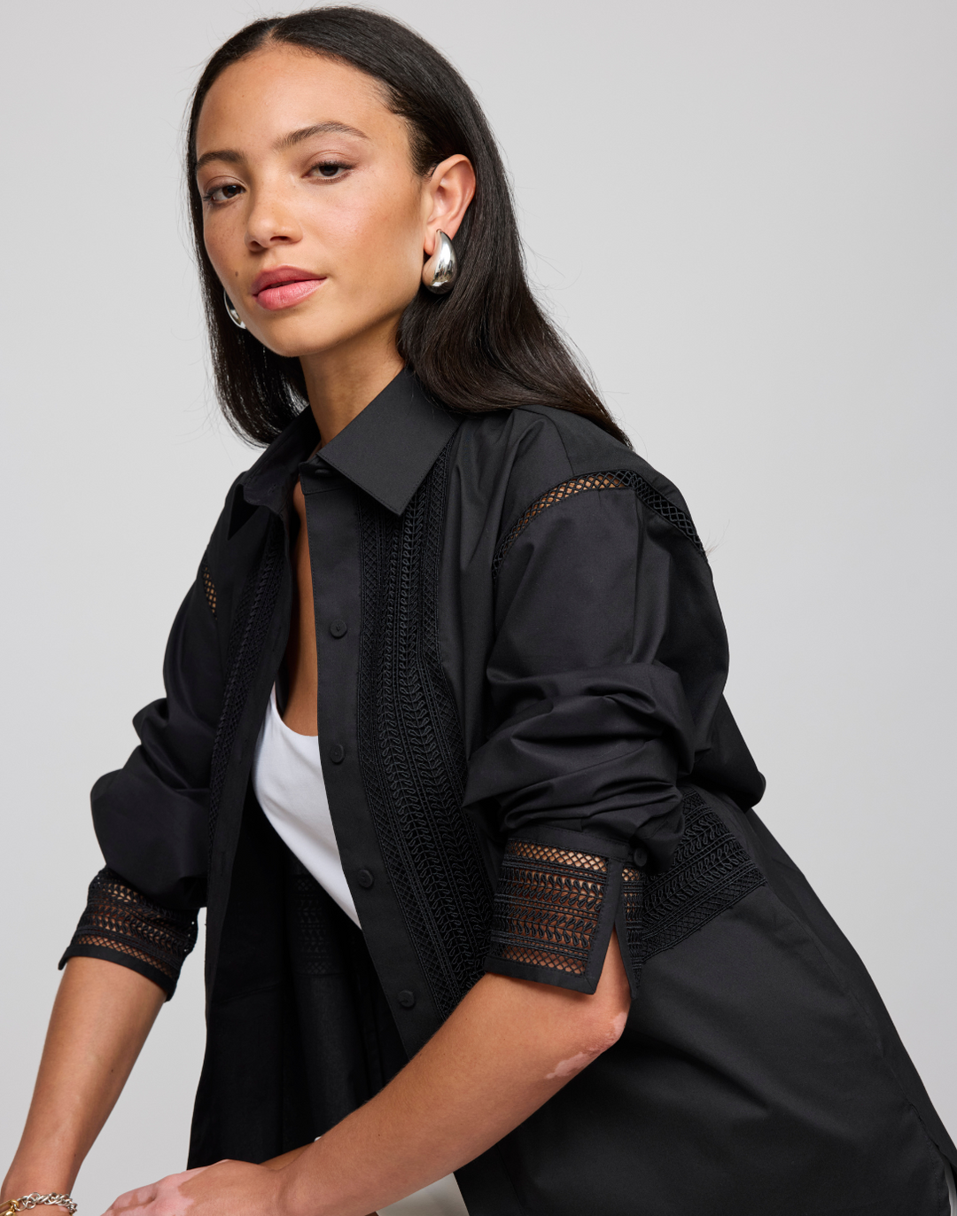 Oversized Long Sleeve Lace Trim Shirt