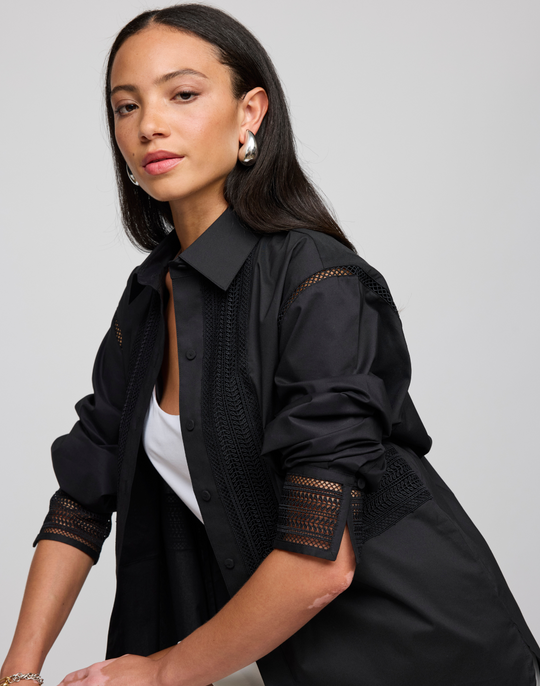 Oversized Long Sleeve Lace Trim Shirt