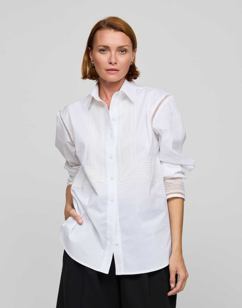 FINAL SALE / NO RETURNS, NO EXCHANGES - Oversized Long Sleeve Lace Trim Shirt