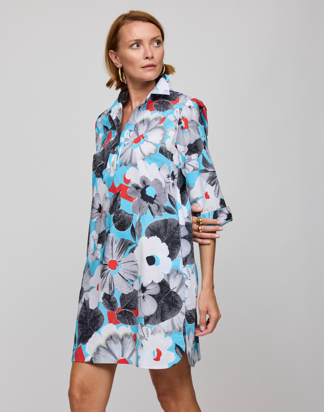 flower print shirt dress Blue Watercolor Flower Printed Mini Shirt Dress