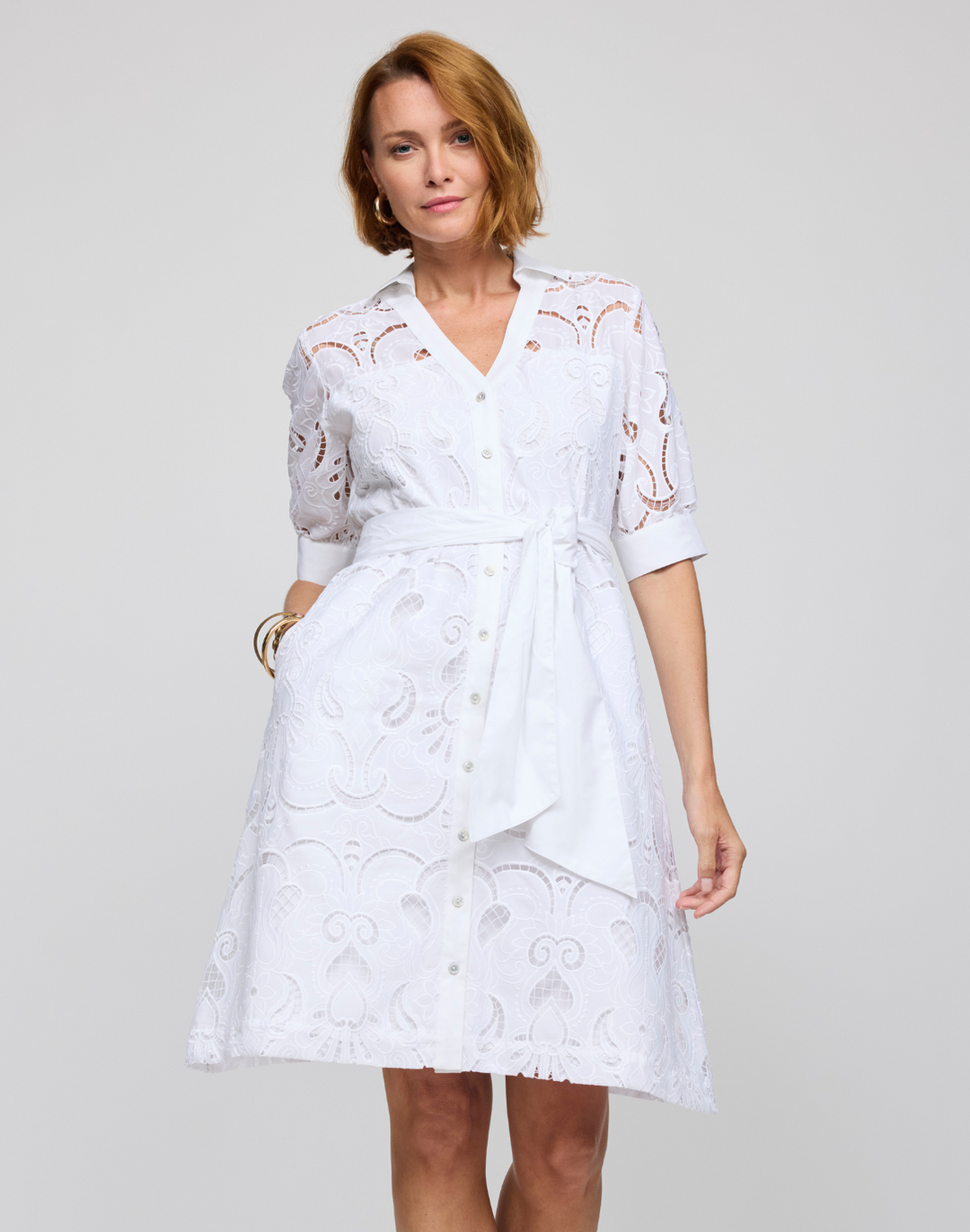 Luca Elbow Sleeve Embroidered Eyelet  Dress