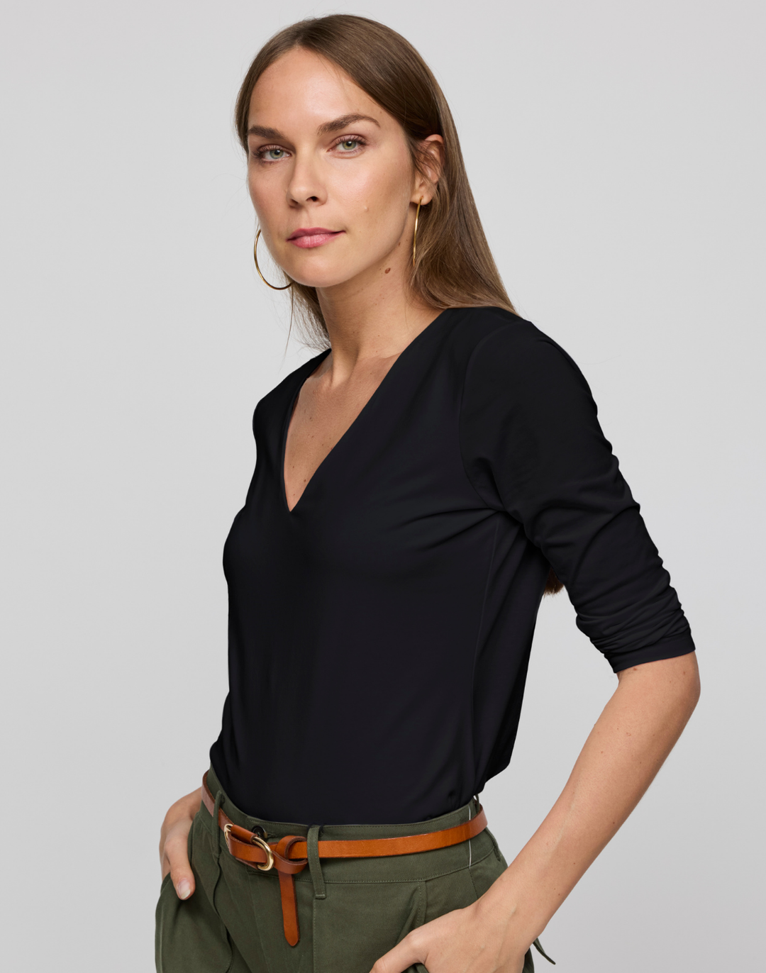Renee 3/4 Sleeve V-Neck Double Knit Panel Shirt