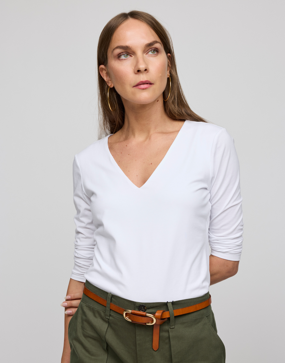 Renee 3/4 Sleeve V-Neck Double Knit Panel Shirt