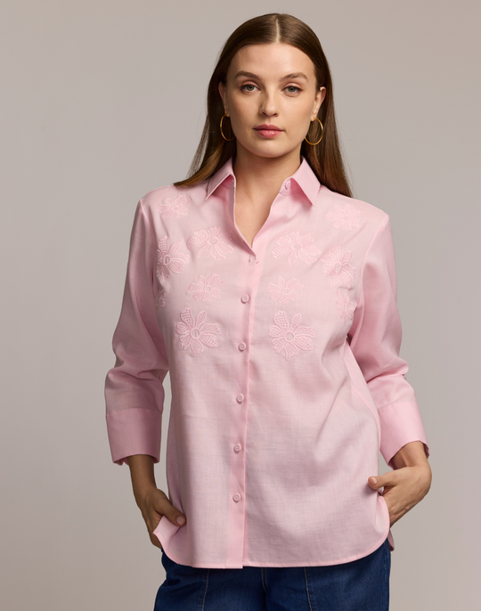 Margot 3/4 Sleeve Embroidered Linen Shirt