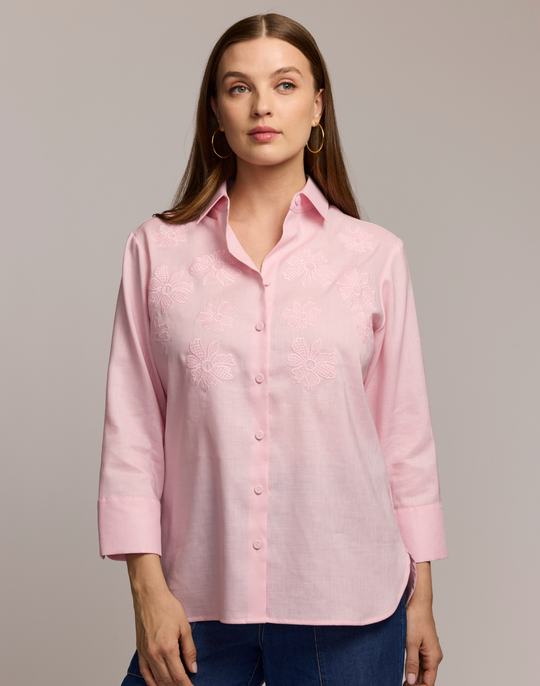 Margot 3/4 Sleeve Embroidered Linen Shirt