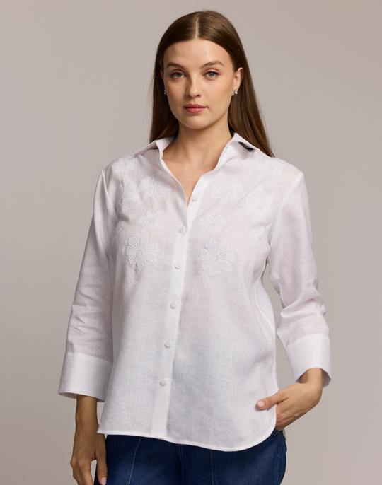 Margot 3/4 Sleeve Embroidered Linen Shirt