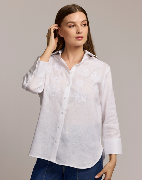 Margot 3/4 Sleeve Embroidered Linen Shirt