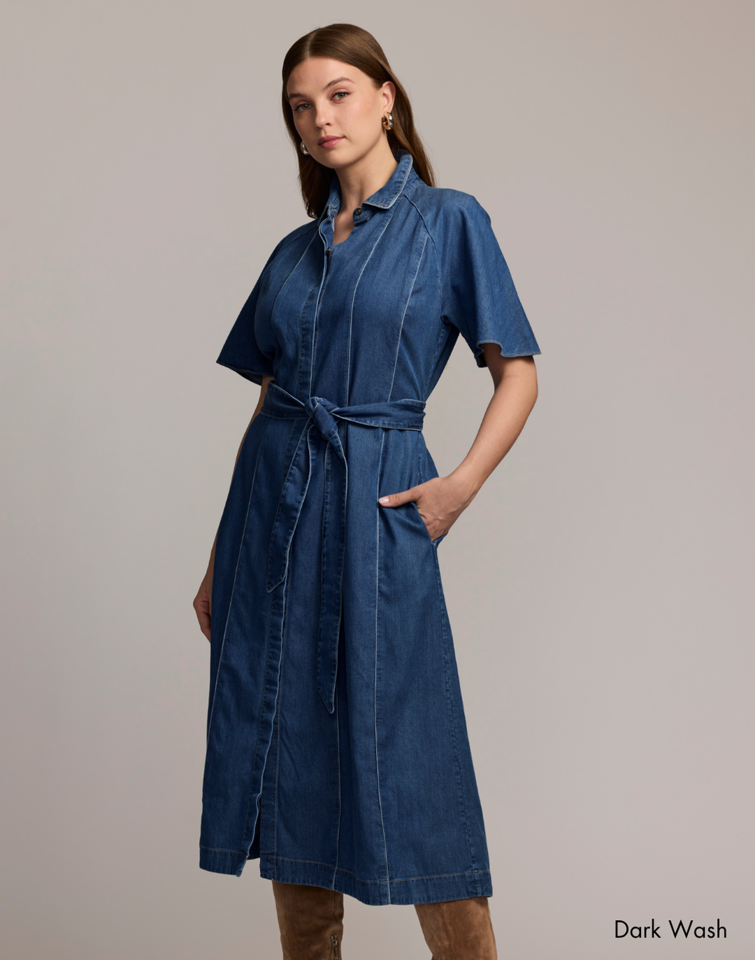 denim dress dark wash Dark Wash Midi Dress - Denim Dress - Long Sleeve Midi Dress