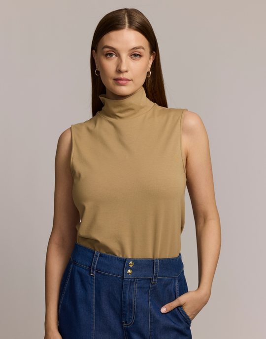Carolina Sleeveless Mock Neck Double Knit Panel Shirt