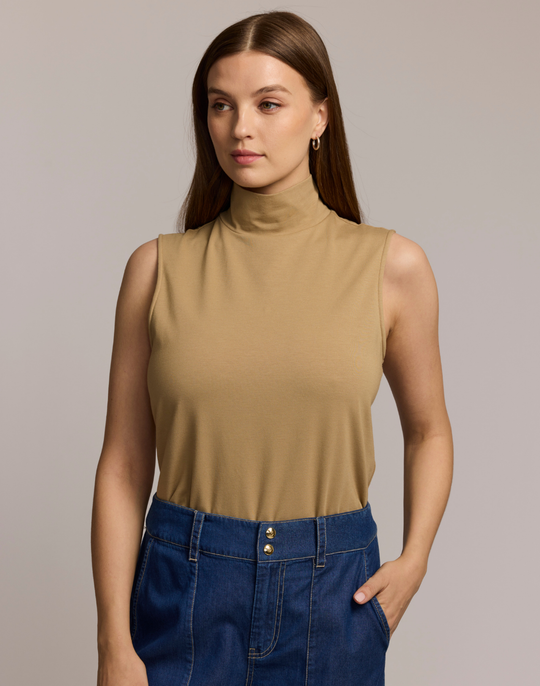 Carolina Sleeveless Mock Neck Double Knit Panel Shirt
