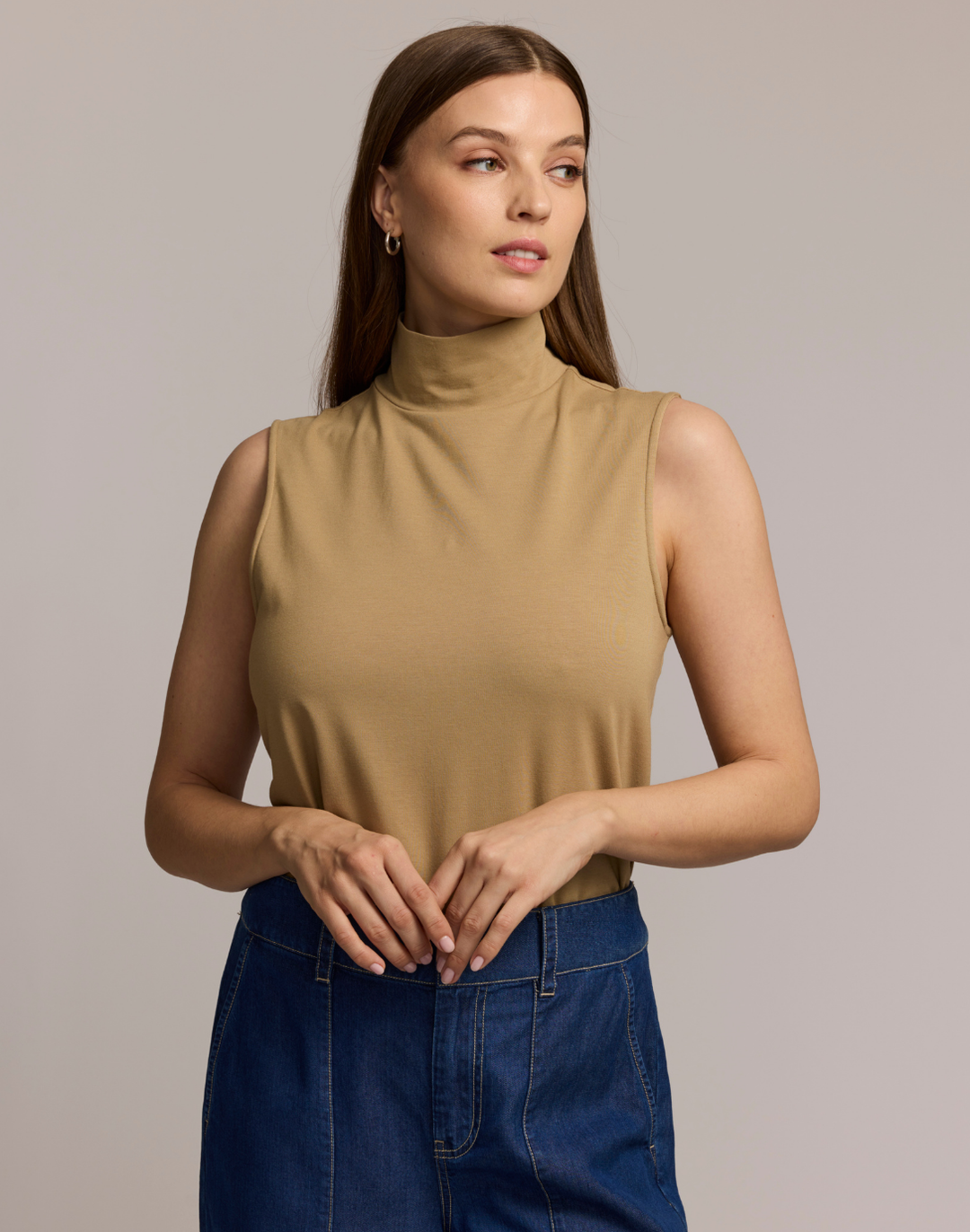 Carolina Sleeveless Mock Neck Double Knit Panel Shirt