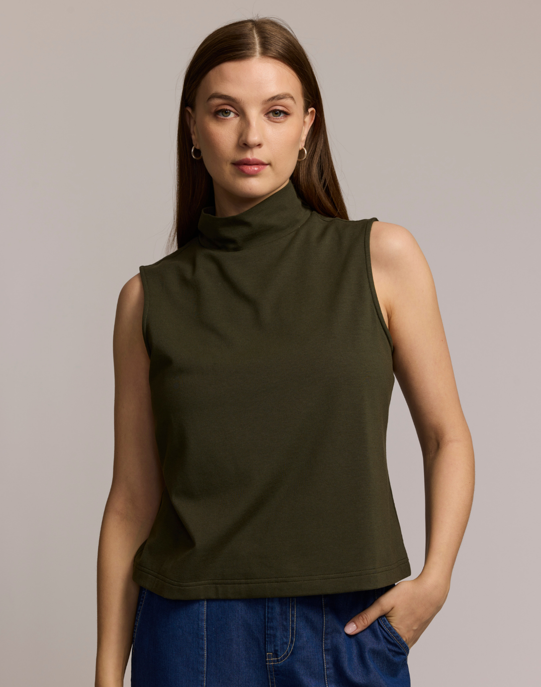 Carolina Sleeveless Mock Neck Double Knit Panel Shirt
