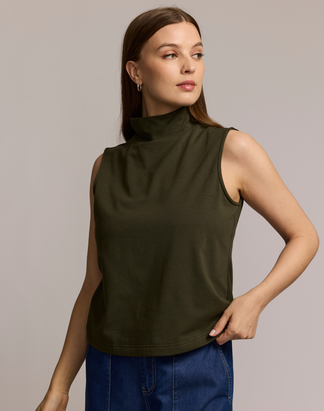 Carolina Sleeveless Mock Neck Double Knit Panel Shirt