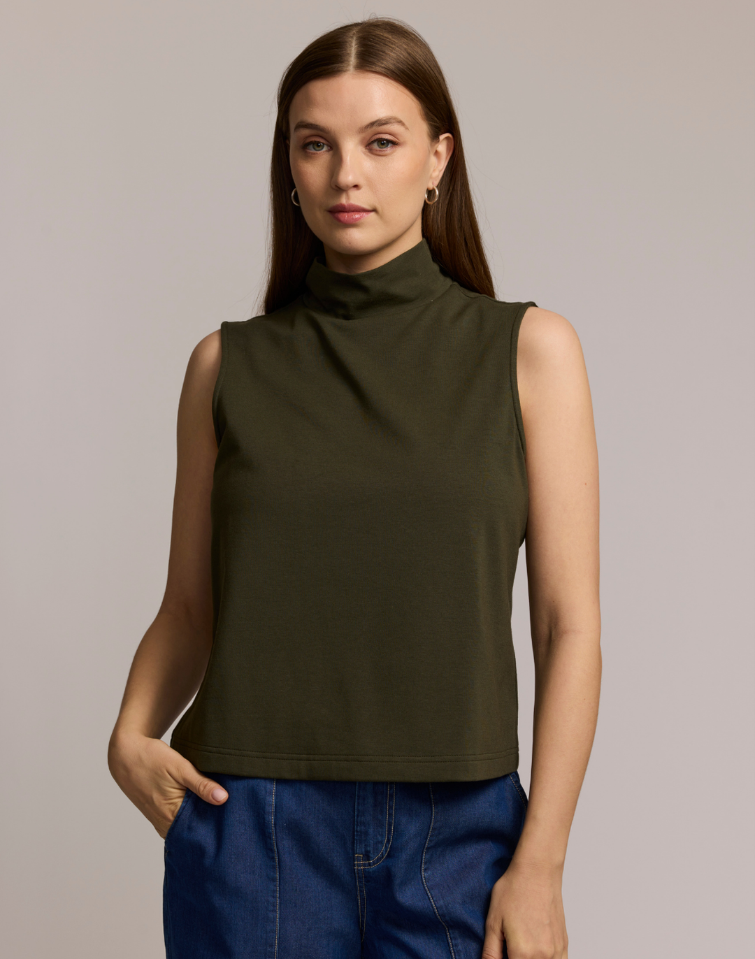 Carolina Sleeveless Mock Neck Double Knit Panel Shirt