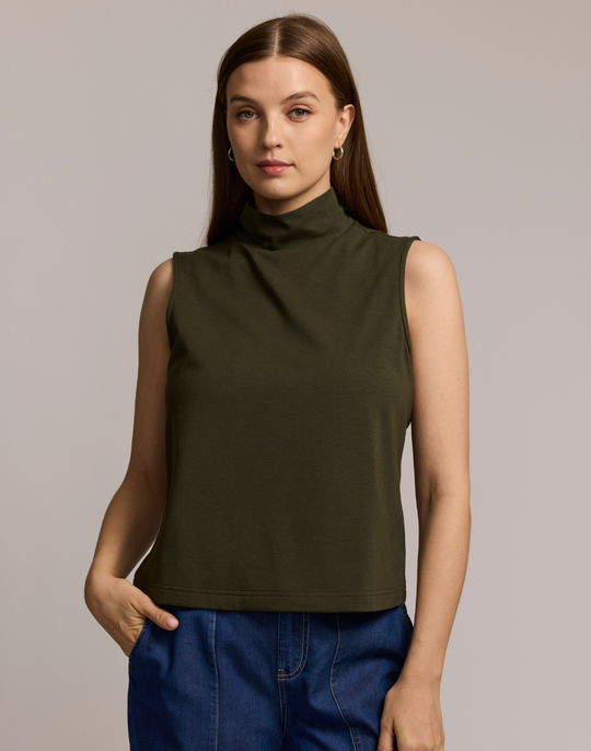 Carolina Sleeveless Mock Neck Double Knit Panel Shirt