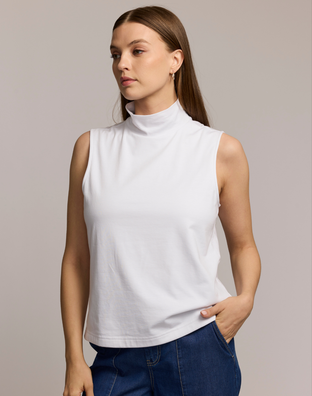 Carolina Sleeveless Mock Neck Double Knit Panel Shirt