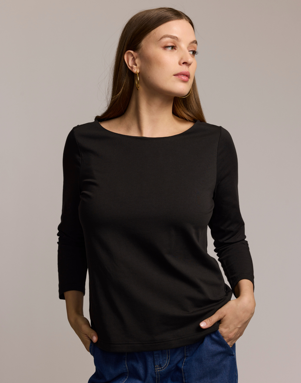 Gissel 3/4 Sleeve Boat Neck Double Knit Panel Shirt