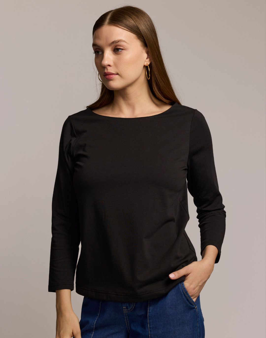 Gissel 3/4 Sleeve Boat Neck Double Knit Panel Shirt