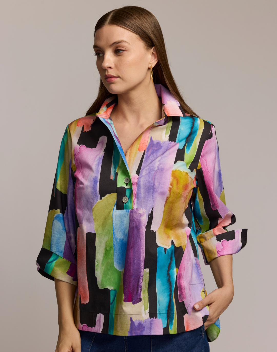 Aileen 3/4 Sleeve Abstract Watercolor Shirt