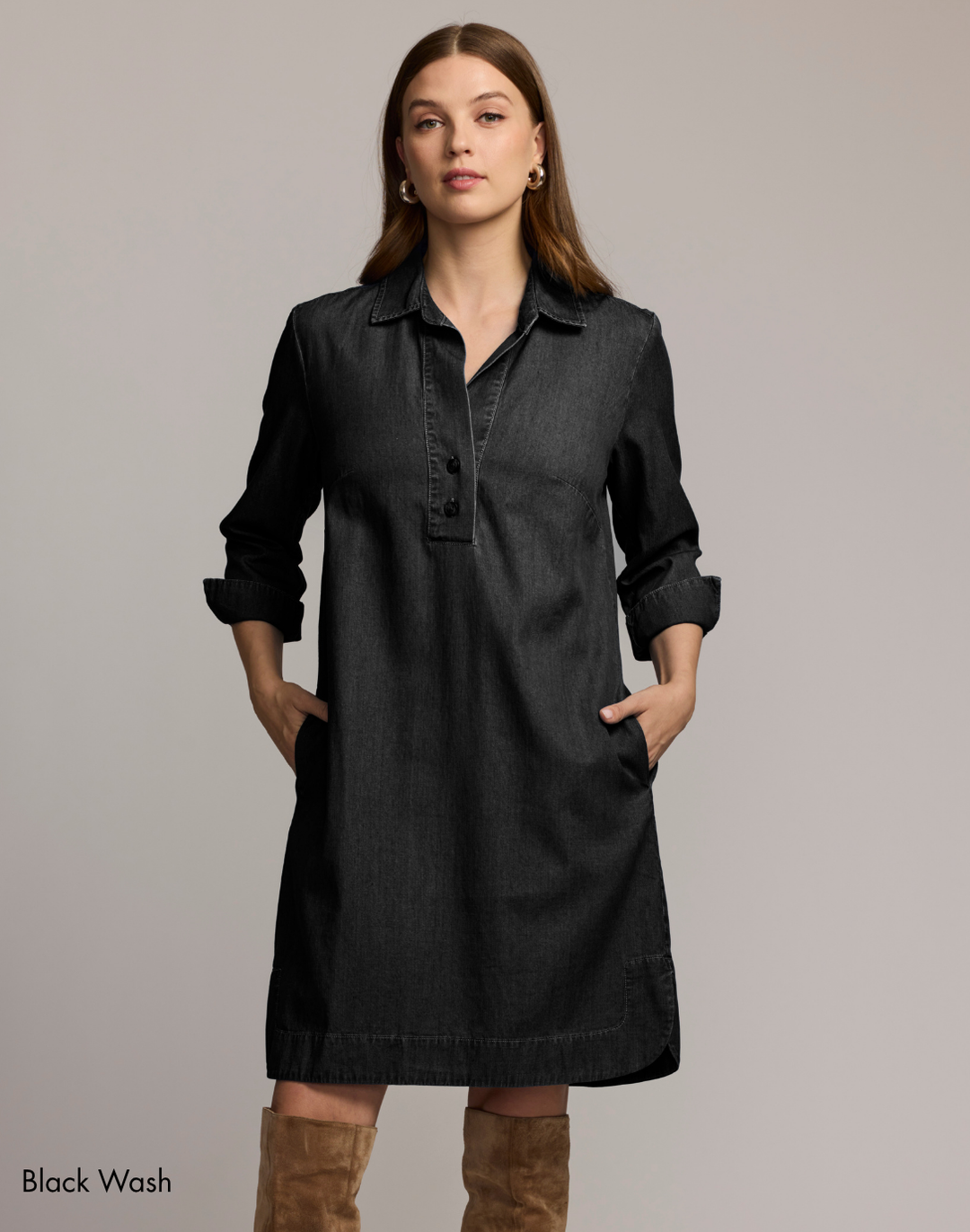 Aileen 3/4 Sleeve Denim Dress Black Wash / L Aileen 3/4 Sleeve Denim Dress Black Wash / L