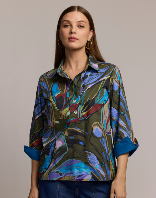 Aileen 3/4 Sleeve Abstract Camo Shirt