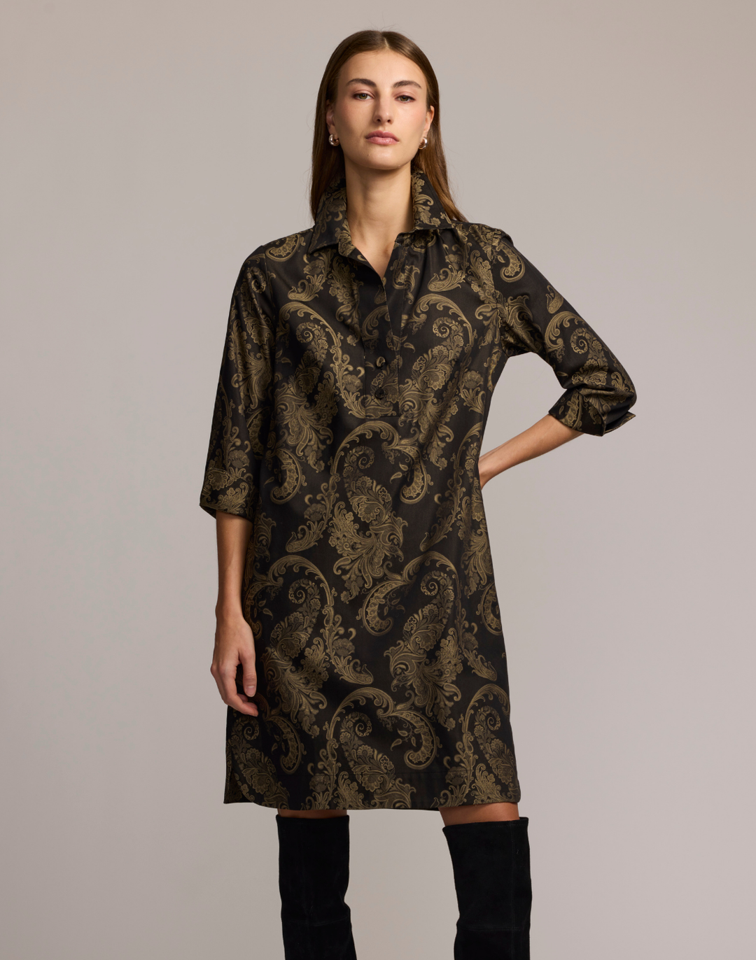 Aileen 3/4 Sleeve Paisley Jacquard Dress