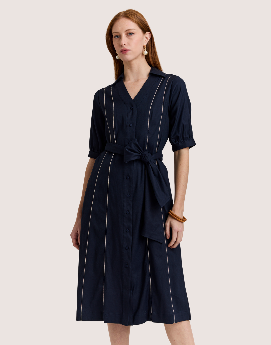 Luca Elbow Sleeve Metallic Bead Stretch Twill Dress