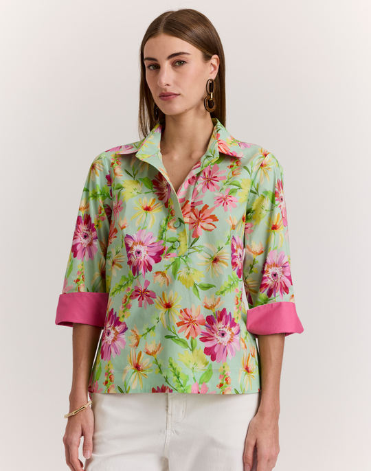 Aileen 3/4 Sleeve Green Floral Print Top