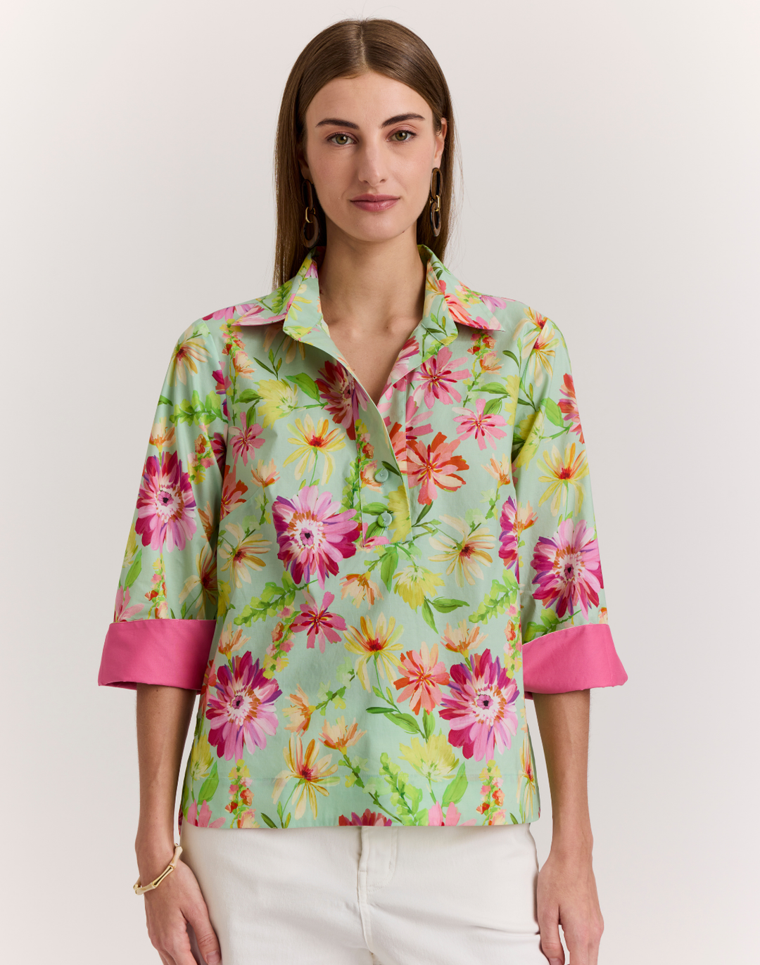 Aileen 3/4 Sleeve Green Floral Print Top
